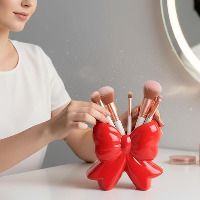 Bow Vase Coquette Ceramic Vase Pen Holder Makeup Brush Holder Contemporary Design Decorative Women Gift for Christmas Home Office Shelf Table Room(Red,Small,Classic)