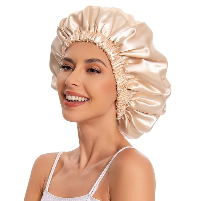 Satin Bonnet Silk Bonnet Hair Bonnet for Sleeping-Slouchy Beanie Hat Satin Sleep Cap for Women's Natural & Curly Hair(Champagne)