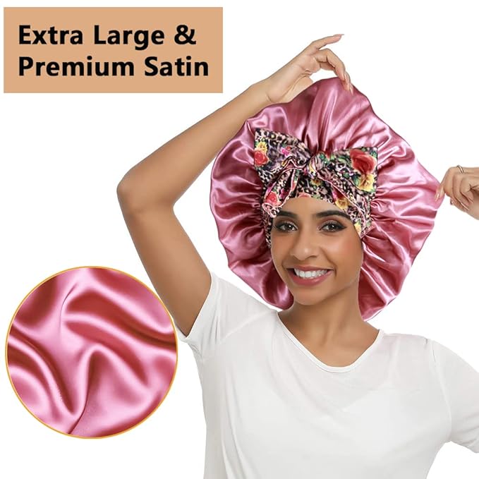 2pcs Large Silky Bonnets with tie Band Braid Bonnet, Satin Bonnet for Sleeping Curly Hair, H