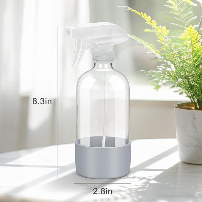 Worldgsb 2 Pack Glass Spray Bottles with Silicone Sleeve, 16 oz Empty Refillable Containers with Adjustable Spray Nozzles, Spray Bottles for Hair, Cleaning Solutions and Plants