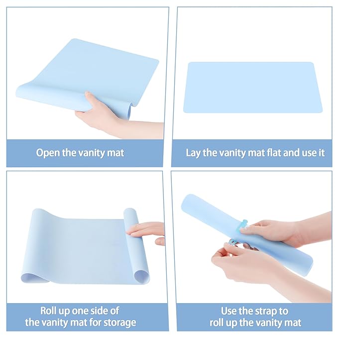 Silicone Makeup Mat for Vanity, 23.6" x 15.7" Heat Resistant Vanity Mat, Easy to Clean & Waterproof, Portable Makeup Accessories for Use While Traveling (Light Blue)