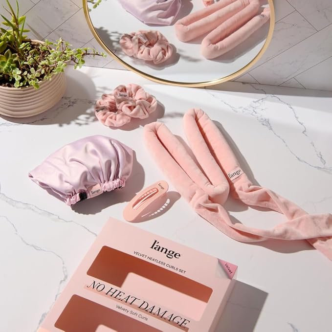 L'ANGE HAIR Velvet Heatless Curls Set | Soft Curling Rod with 2 Velvet Scrunchies & Adjustable Bonnet for Comfortable Overnight Curls | Heatless Styling Tool for All Hair Types | 5-Piece Set