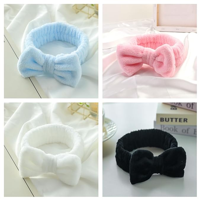 12pcs Spa Headband Soft Bowknot Spa Hair Band Coral Fleece Headband Makeup Headbands for Face Washing Skin Care Shower Yoga Headwraps for Women Girls (Pure Colour Pattern)