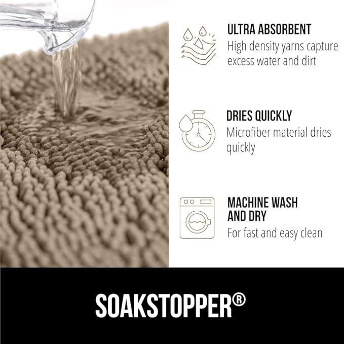 GORILLA GRIP SoakSTOPPER Dog Door Mat, 36x24 Machine Washable Rug Absorbent Doormat Captures Moisture Mud Dirt, Quick Dry Soft Chenille Entryway Rugs Indoor Entrance Mats for Dog Paws, Cappuccino