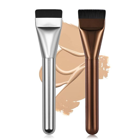 2Pcs Flat Foundation Brush,Face Mask Brush Makeup Spatula Facial Brush for Liquid Foundation Mask,Premium Face Korean Makeup Brush for Blending Cream (Silver&Coffee)