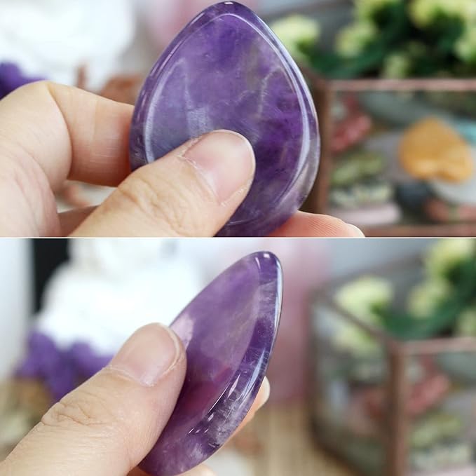 2PCS Thumb Worry Stone Rose Quartz Amethyst Healing Crystals Sets Hand Carved Stones Gemstone Pocket Natural Stone Meditation Reiki Water Drop Shaped Palm Stone for Anxiety Therapy