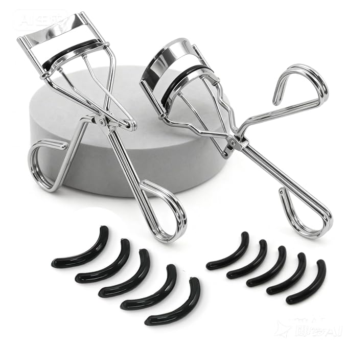 2 Kinds of Eyelash Curlers with Different Curvature Suitable for Various Eyes Shapes, Silver Comfort Grip,10 Silicone Replacement Refills Pads for Perfect Framed Lashes - Gentle & Safe Use