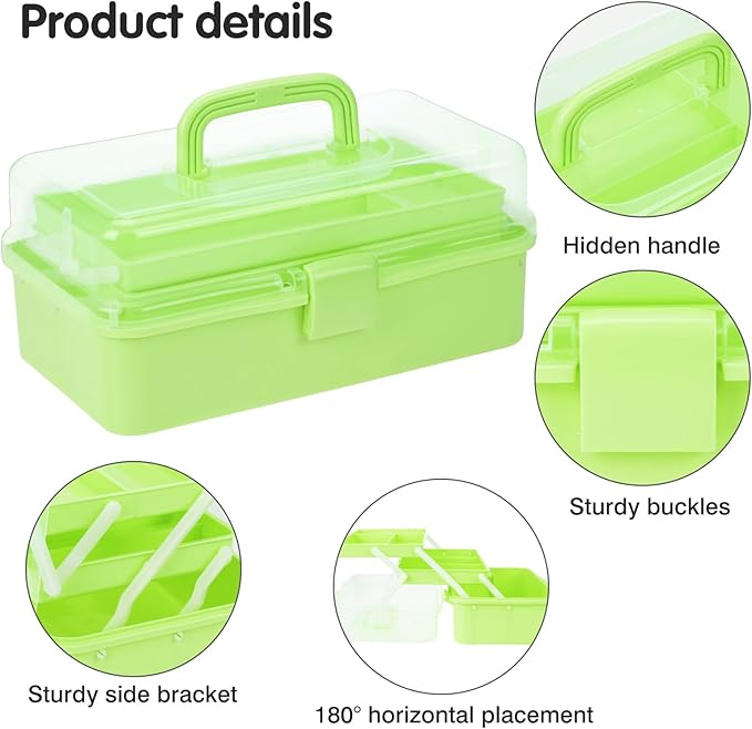 OUTUXED 12.5inch 3-Layer Multipurpose Craft Organizers, Portable Folding Toolbox, Plastic Tool Box with Handle for Sewing Supplies, Medicine, Art Supplies, Nails and Hair Accessories(Green)