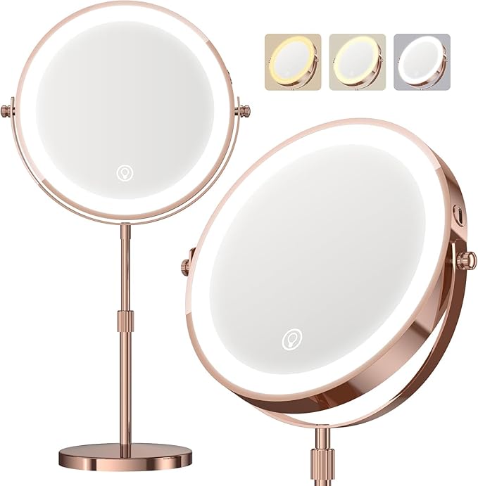 Makeup Mirror with Lights, 1x/20x 360° Rotation Vanity Mirror, Brightness Adjustable Lighted Makeup Mirror with Magnification, 5000 mAh Rechargeable Double Sided Mirror with 3 Colors, Gift for Women