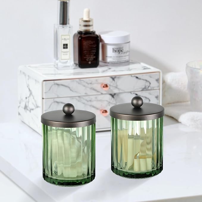 Amolliar Sage Green Glass Apothecary Jar With Metal Lid & Stickers, Bathroom Qtip Holder Dispenser for Cotton Swabs, Balls, Round Pads, Bath Salt, Floss, Countertop Canister Storage, Bronze 4 Pack