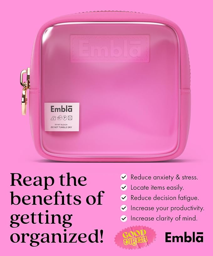 Embla London Makeup Bag Cosmetic Case, Clear Zipper Make Up Pouch and Toiletry Travel Tote, Cute Skincare Pouches for Women Girls, Preppy Purse Cosmetic Organizer, Mini Makeup Bags, Bubblegum