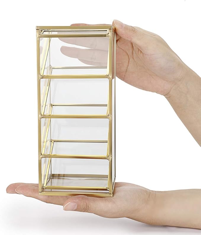 Hipiwe Vintage Gold Metal Desk Organizer - Glass Make up Brushes lipstick Holder Dresser Organizer Pen Pencil Storage Holder for Home Office Supplies (4 Compartment)