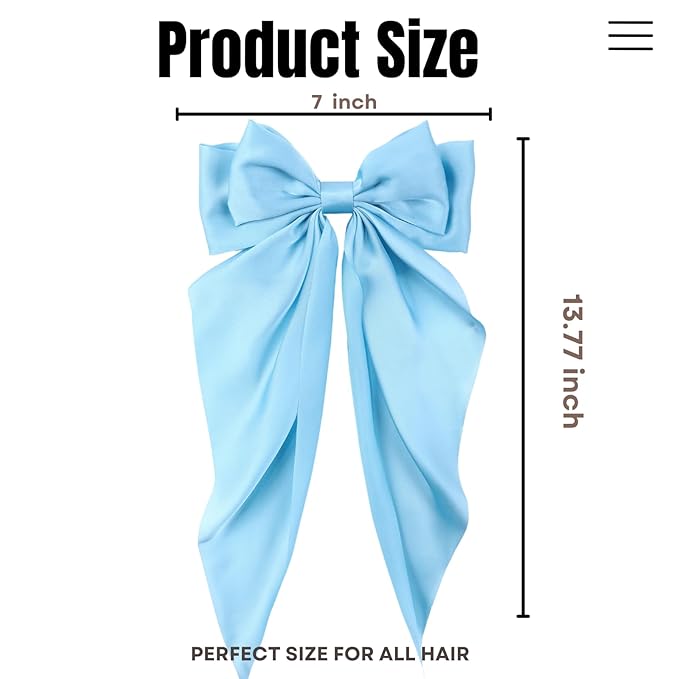 2PCS Big Hair Bow Clips for Women Girls – Light Blue Satin Ribbon Bow Barrettes with Long Tails, Large Pastel Hair Accessories for Ponytail, Spring & Casual Styling