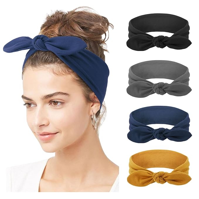 DRESHOW 4 Pack Adjustable Knotted Headbands Non Slip Elastic Yoga Hair Bands Solid Colors Headbands for Women and Girls