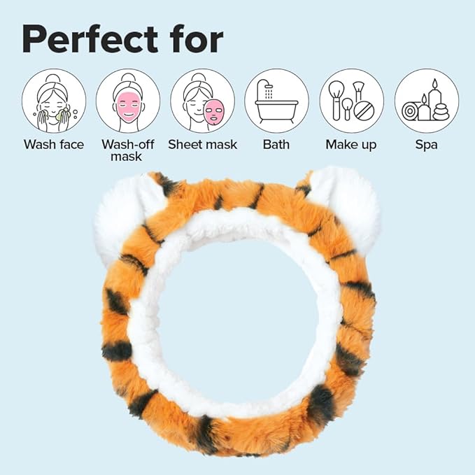I DEW CARE Face Wash Headband - Tiger | Adorable Design, Perfect for Washing & Cleansing, Makeup and Spa, Bath, Skincare, Quick Dry, Soft & Fuzzy, Non Slip, Reusable, Teen Girls Stuff