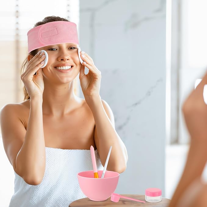 LemonRoad 34 Pcs Esthetician Facial Supplies Include Facial Bowls Brushes Jars Measuring Spoons Hairbands Esthetician Essentials Valentines Gift Set For Women(Pink)