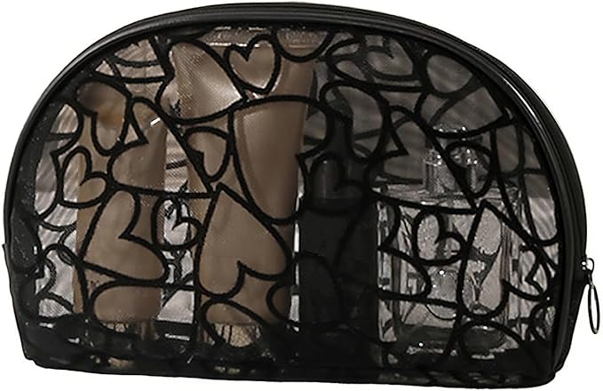 4 Pieces Heart Printed Mesh Makeup Bag Set, Portable Travel Mesh Cosmetic Bags Toiletry Bags Makeup Purse Bags with Zipper Storage Pouches for Home Offices Travel Accessories (Black)