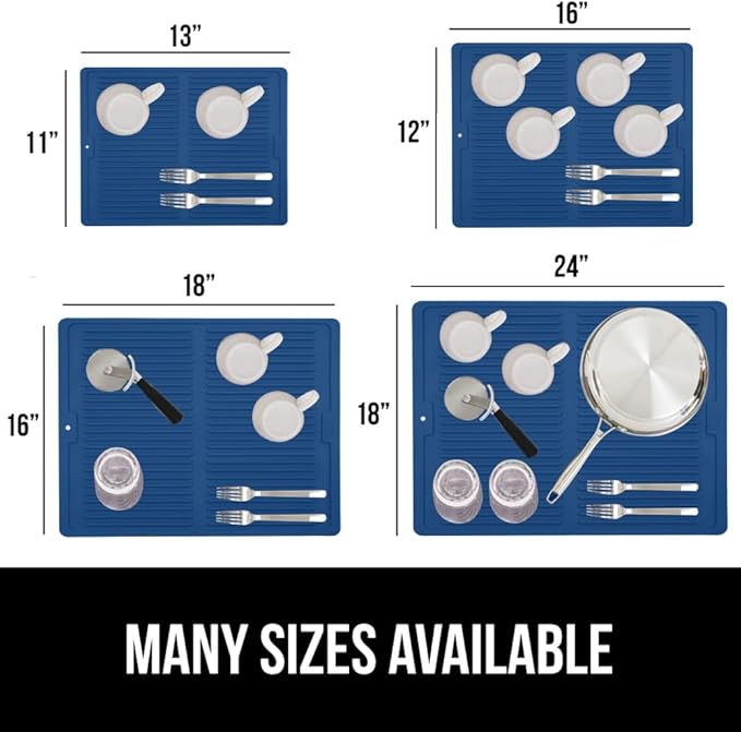 GORILLA GRIP 100% BPA-Free Patented Silicone Dish Drying Mat for Kitchen Counter, Water Catching Ribbed Design, Easy Clean Waterproof Sink Liner, Heat Resistant, Fits Under Rack, 12x16 Inch, Blue