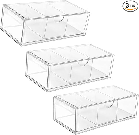 Hair Accessories Organizer for Girls, Clear Acrylic Hair Tie Organizer, or Headband, bows，Cute Small Stackable Storage Drawer Container Caddy Box for Bathroom Vanity Countertop 3PCS