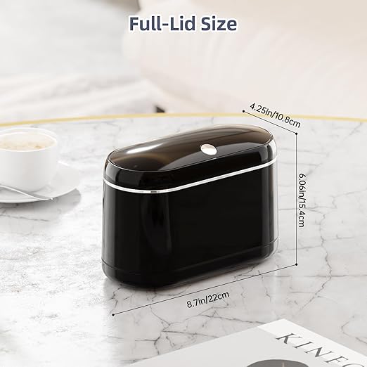 Mini Trash Can for Desk with 5 Rolls of Trash Bags, Small Press-Top Countertop Garbage Bin, Removable Waste Basket for Bedroom, Vanity, Coffee Table, Kitchen (Black Full-Lid)