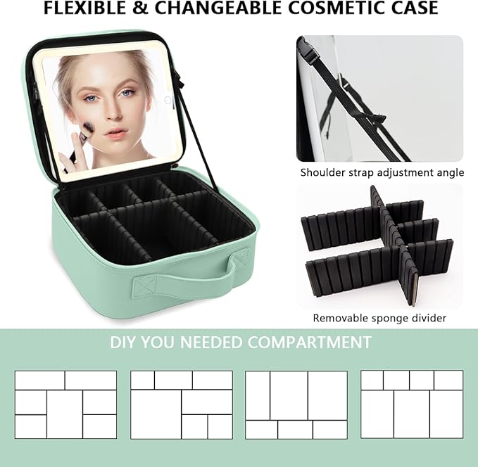 Travel Makeup Bag,with Mirror 3 Color Setting and Detachable 10x Magnifying Mirror Travel Makeup Bag,Portable Storage and Adjustable Dividers （light green）