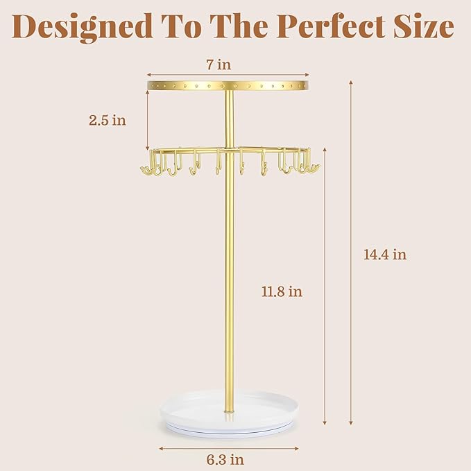LANDNEOO Necklace Holder Jewelry Organizer, 360° Rotating 3-Tier Jewelry Stand Display, 14.3" Holds 80 Pcs, Earring Holder, Bracelet Ring Holder, Jewelry Organizer and Storage For Women Vanity Dresser