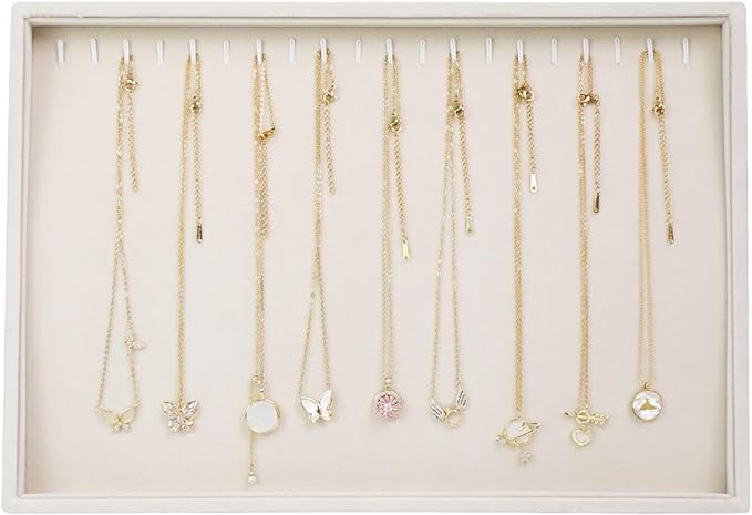 Stratalife Necklace Organizer Stackable Jewelry Organizer 20 Hooks Large Jewelry Tray Necklaces Holder Bracelet Storage for Women Girls Velvet (Beige Necklace Tray)