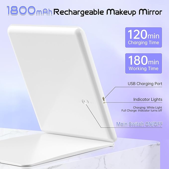 FUNTOUCH Large Rechargeable Travel Makeup Mirror with Light, Portable Makeup Mirror with 10X Magnifying Mirror 3 Lighting Modes, Dimmable Touch Screen, Tabletop Folding Travel Mirror with Storage Bag