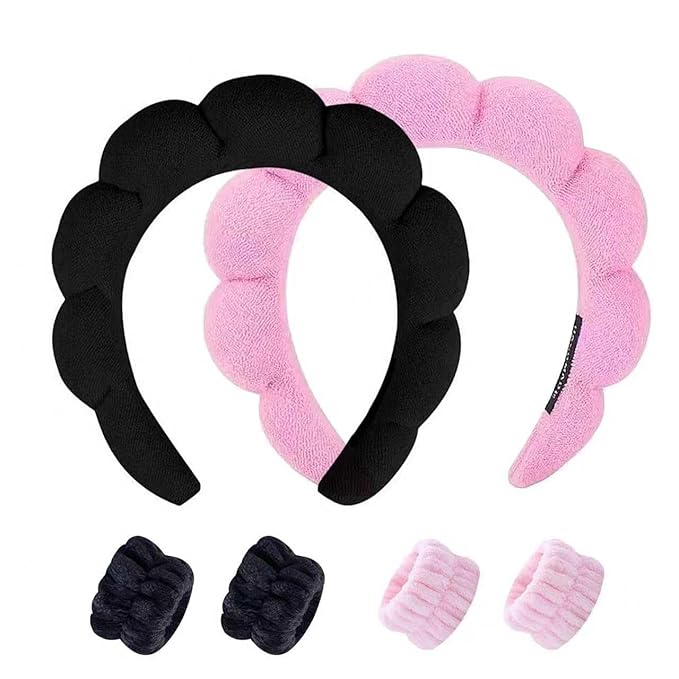 Spa Headband and Wristband Set for Women,Terry Cloth Sponge Headband for Washing Face,Makeup,Facial Mask and Skincare (Black,Pink, One Size)