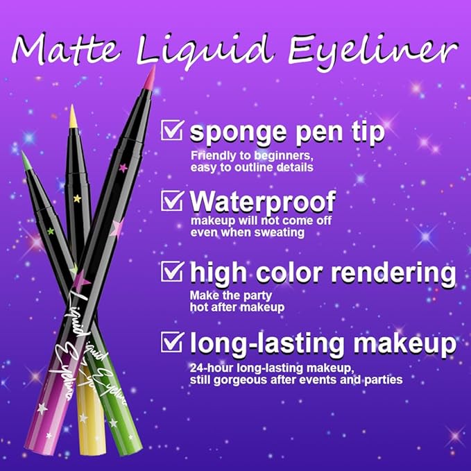 evpct 6Pcs Matte Liquid Eyeliner Set Pack Waterproof Smudge Proof, White Green Yellow Orange Pink Purple Eye Liner Liquid Liner for Face Body Paint, Long-lasting Eyeliner Waterline Thin Quick-dry 01