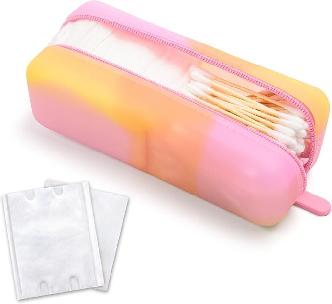 Cotton Pad Swab Travel Case – 2-in-1 Portable Waterproof Qtips Dispenser for Cotton Square Pad & Qtip, Floss, Bobbi Pin, Nail Kit, Hair Accessories Organizer TSA Compliance (Peach Sunrise)