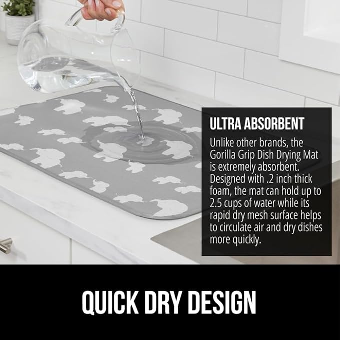 GORILLA GRIP Ultra Water Absorbent Microfiber Dish Drying Mat 2 Pack, Quick Dry Mesh, Slip Resistant Pad for Sink Dishes or Under Rack, Kitchen Counter Accessories, Machine Wash, 18x16 Inch, Elephants