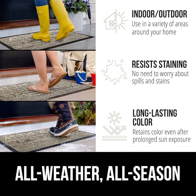 GORILLA GRIP 100% Waterproof All-Season WeatherMAX Doormat US Designed Natural Rubber, Stain and Fade Resistant, Low Profile Indoor Outdoor Door Mats, Easy Clean Patio Mat, 17x29, Sand Beach