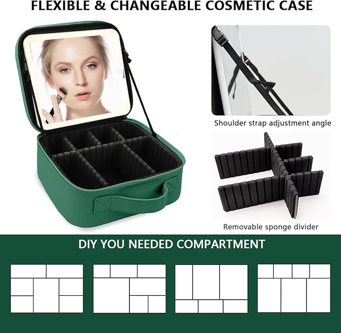 Travel Makeup Bag,with Mirror 3 Color Setting and Detachable 10x Magnifying Mirror Travel Makeup Bag,Portable Storage and Adjustable Dividers（Dark green）