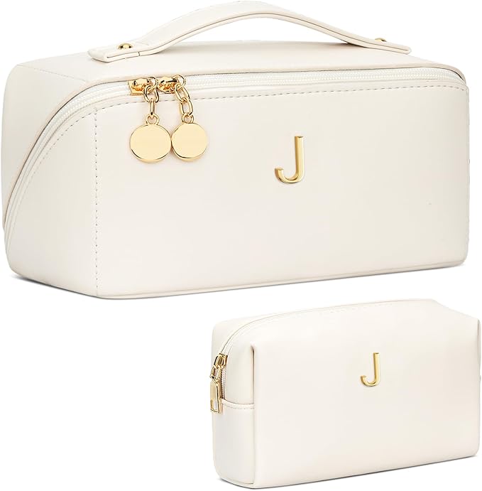 Birthday Gifts for Women Teen Girl, Personalized Initial Makeup Organizer Bag Set, Open Flat Travel Cosmetic Bag With Clear Divider and Handle(Large-Beige,J)