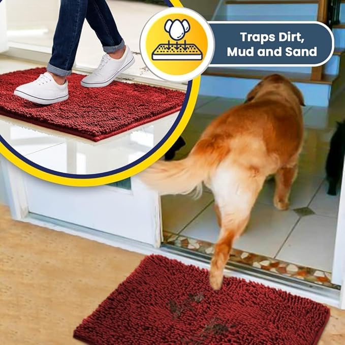 Muddy Mat® 2-Piece Red Medium 30"X19" AS-SEEN-ON-TV Highly Absorbent Microfiber Door Mat, Bath Mat and Pet Rug, Non Slip Thick Washable, Soft Chenille for Kitchen Bathroom Bedroom Indoor and Outdoor