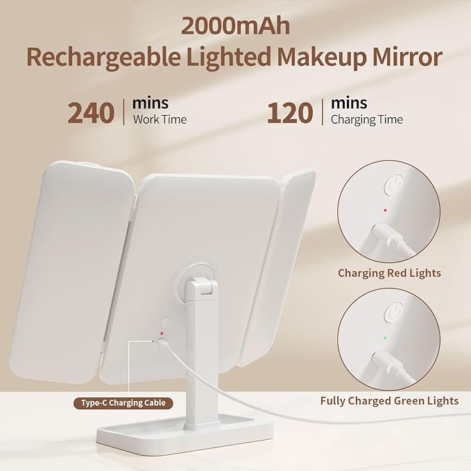 Makeup Mirror with Lights, Rechargeable Lighted Vanity Mirror with 70 Led Lights and 2X 3X 10X Magnification, 3 Color& Adjustable Brightness, Portable Mirror for Travel Desk, Gifts for Women Girls
