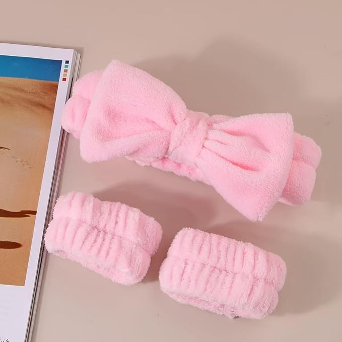 Spa Headband and Wristband Set for Women,Terry Cloth Sponge Headband for Washing Face,Makeup,Facial Mask and Skincare (Pink (4pcs), One Size)
