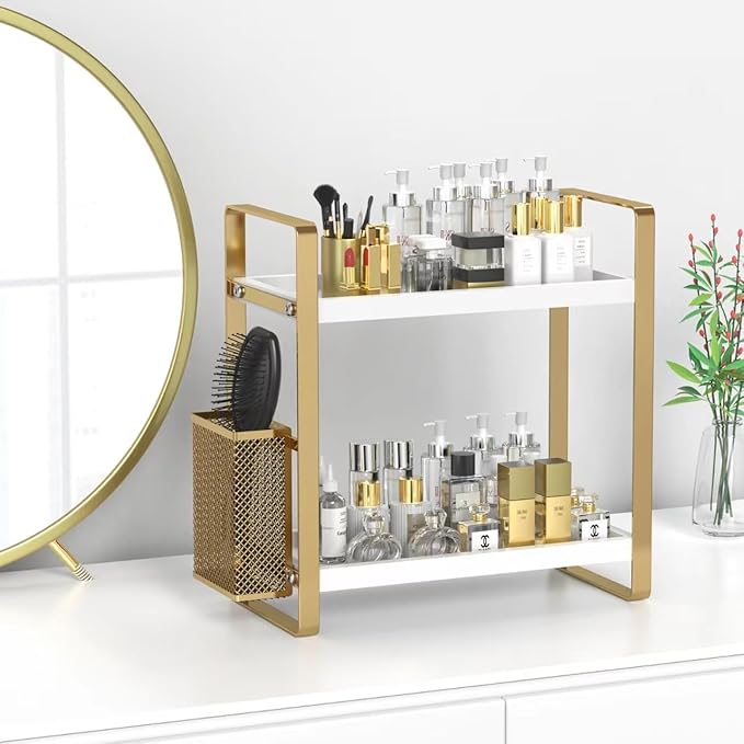LEMIKKLE Bathroom Counter Organizer with Basket, Skincare,Makeup Organizers for Vanity,Storage Organizers for Bathroom, Kitchen, Dresser（White）
