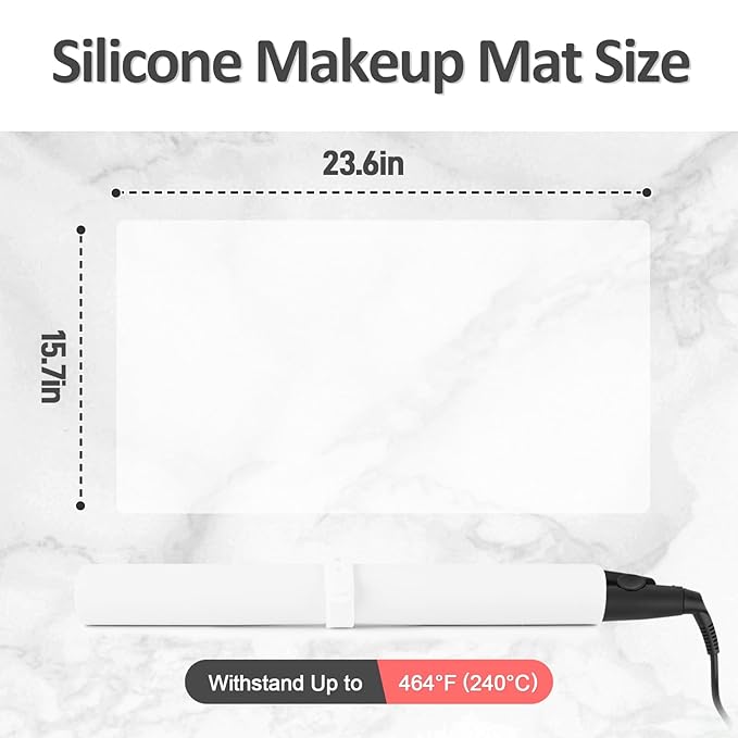 Silicone Makeup Mat for Vanity, 23.6" x 15.7" Heat Resistant Vanity Mat, Easy to Clean & Waterproof, Portable Makeup Accessories for Use While Traveling (White Translucent)
