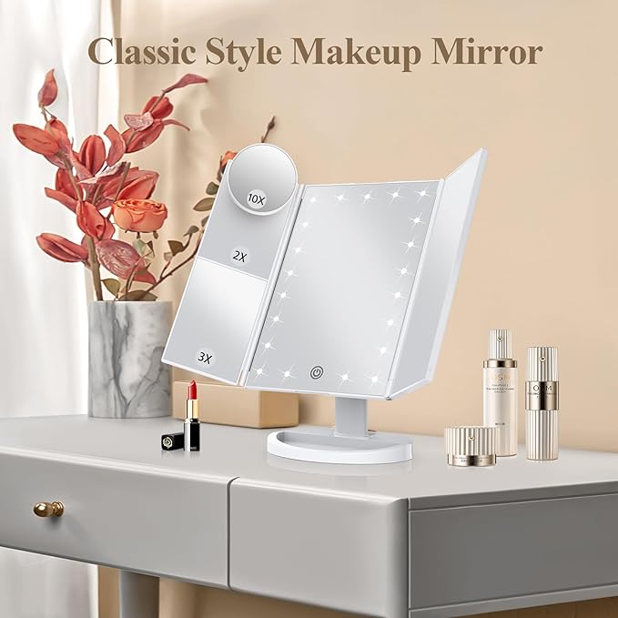 HUONUL Makeup Mirror, Vanity Mirror with Lights, 2X/3X/10X Magnification, Touch Control, Trifold Mirror, Dual Power Supply, Valentines Day Gifts for Her,Gifts for Women, Wife, Mom, Teengirls