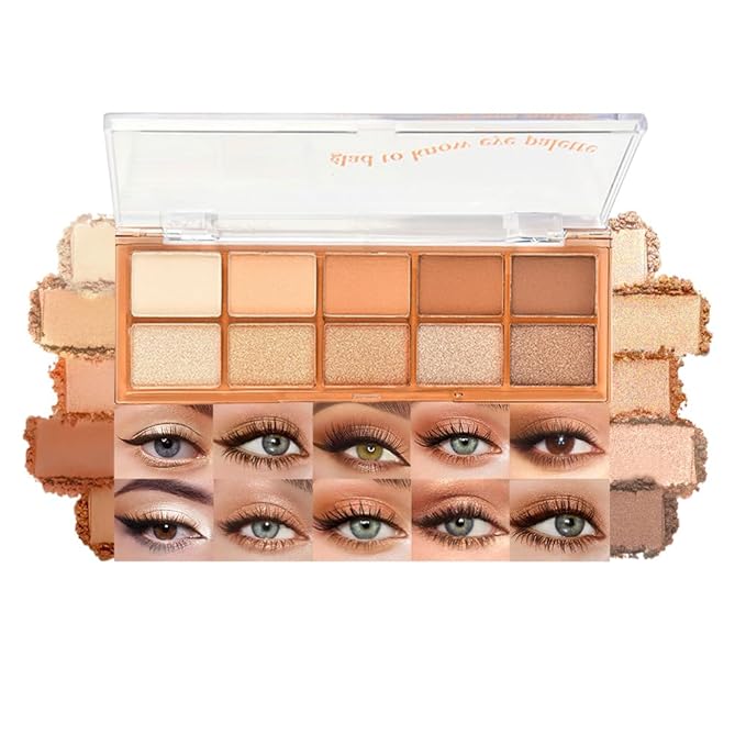10 Neutral Nude Brown Eyeshadow Palette – High-Pigment Matte & Shimmer Eye Shades in Ivory Cream, Camel, Toffee & Champagne – Easy-Blend & Long-Lasting Shadow for Natural Daily Looks & Mature Eyes