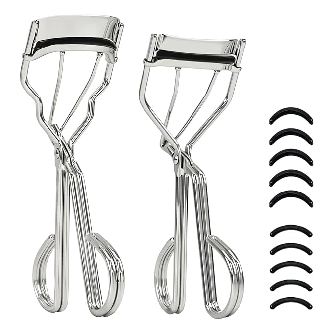 2 Kinds of Eyelash Curlers with Different Curvature Suitable for Various Eyes Shapes, Silver Comfort Grip,10 Silicone Replacement Refills Pads for Perfect Framed Lashes - Gentle & Safe Use