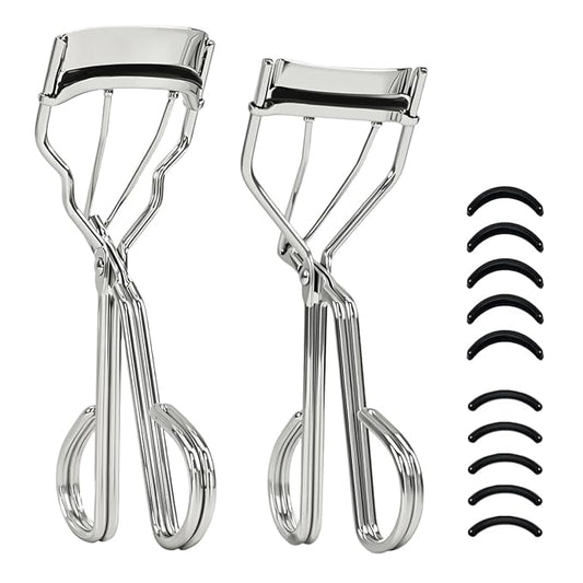 2 Kinds of Eyelash Curlers with Different Curvature Suitable for Various Eyes Shapes, Silver Comfort Grip,10 Silicone Replacement Refills Pads for Perfect Framed Lashes - Gentle & Safe Use