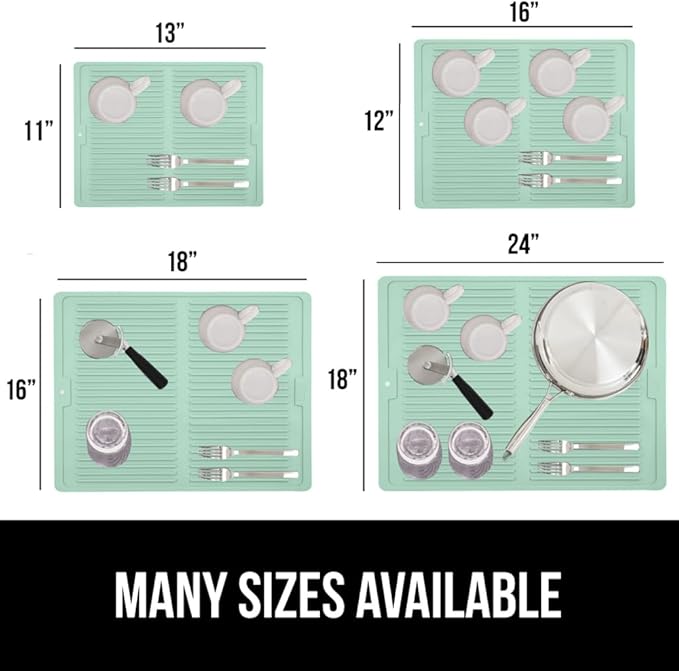 GORILLA GRIP 100% BPA-Free Patented Silicone Dish Drying Mat for Kitchen Counter, Water Catching Ribbed Design, Easy Clean Waterproof Sink Liner, Heat Resistant, Fits Under Rack, 12x16 Inch, Mint