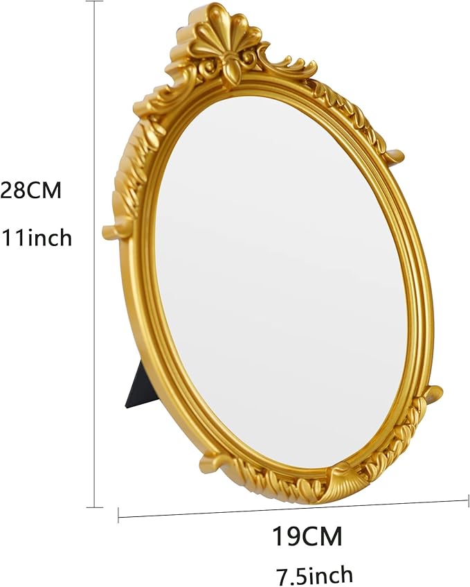 Decorative Vintage Oval Makeup Mirror with Gold Plastic Frame,Tabletop Mirror-7.5 x 11 inches