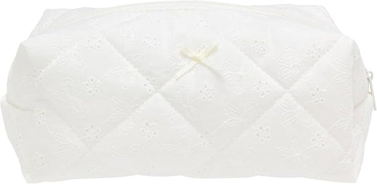 PAZIMIIK Cozy Makeup Bag Travel Cosmetic Bag for Women Soft Toiletry Bag Aesthetic Makeup Organizer Portable Large Zipper Pouch for Skincare Beauty Accessories Brushes Embroidery White