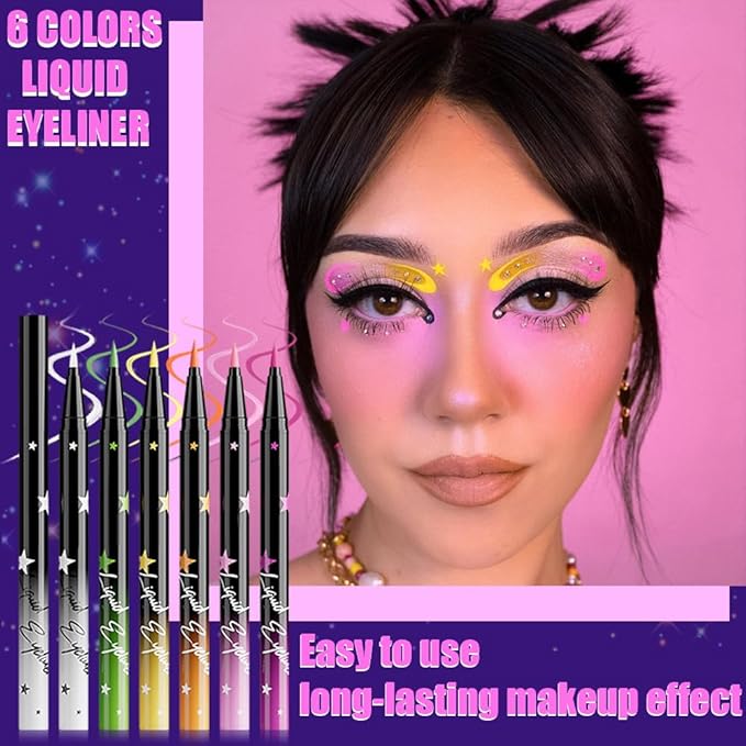 evpct 6Pcs Matte Liquid Eyeliner Set Pack Waterproof Smudge Proof, White Green Yellow Orange Pink Purple Eye Liner Liquid Liner for Face Body Paint, Long-lasting Eyeliner Waterline Thin Quick-dry 01