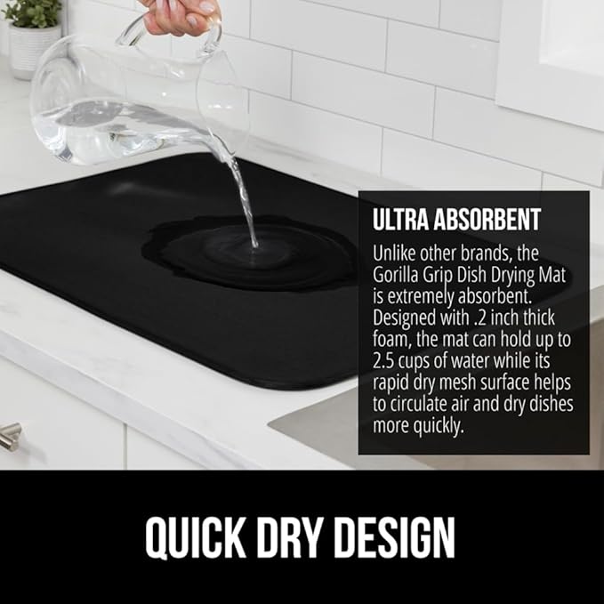 GORILLA GRIP Ultra Water Absorbent Microfiber Dish Drying Mat, Quick Dry Thick Mesh, Slip Resistant Pad for Sink Dishes or Under Rack, Kitchen Counter Accessories, 16x18, Machine Wash Mats, Black