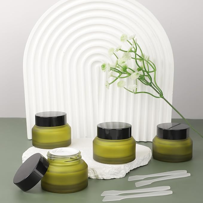 Segbeauty 1oz Green Frosted Glass Refillable Cosmetic Containers Jars with Lids, Empty Lotion Bottles with Spatulas, Travel Containers for Toiletries 4pcs 30ml, Empty Travel Size Bottles Jars